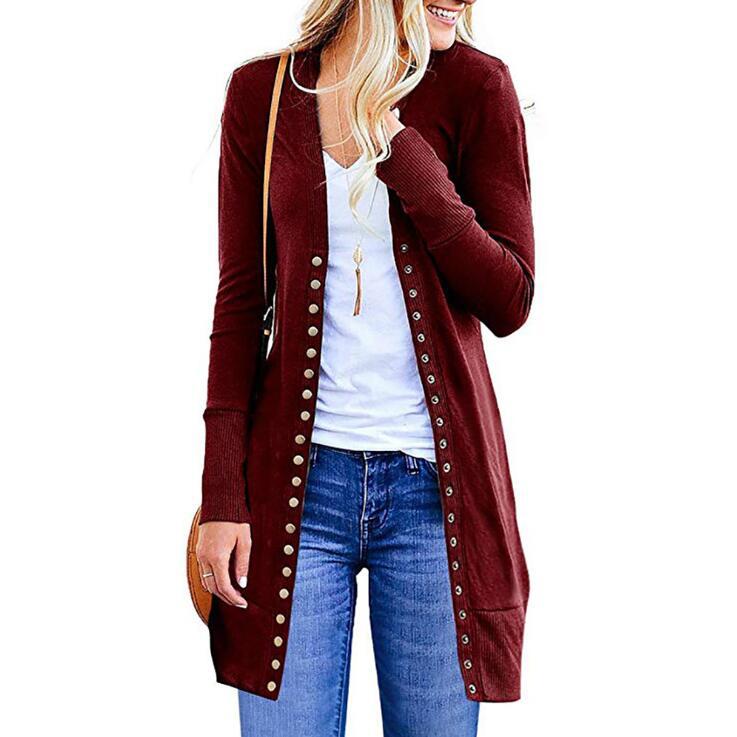Halife Women's Long Sleeve Snap Button Down Knit Ribbed Neckline Cardigan Sweater Women's Clothing Burgundy S - DailySale