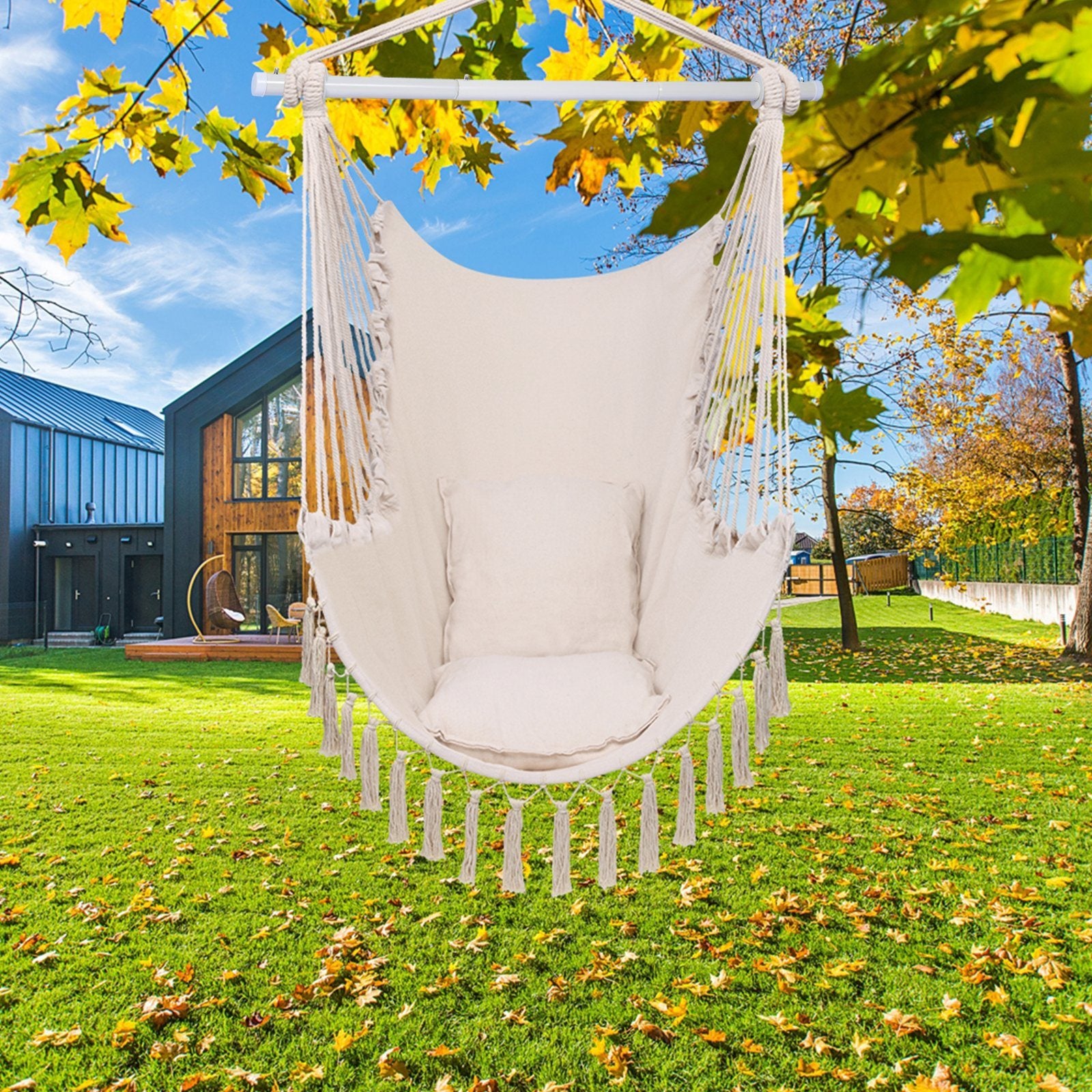 Hammock Chair Swing Seat with Detachable Metal Support Bar and 2 Seat Cushions Garden & Patio - DailySale