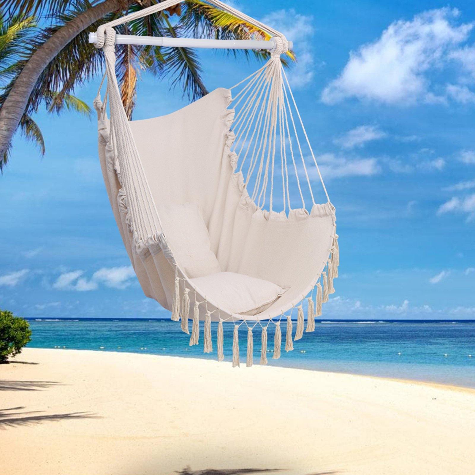 Hammock Chair Swing Seat with Detachable Metal Support Bar and 2 Seat Cushions Garden & Patio - DailySale