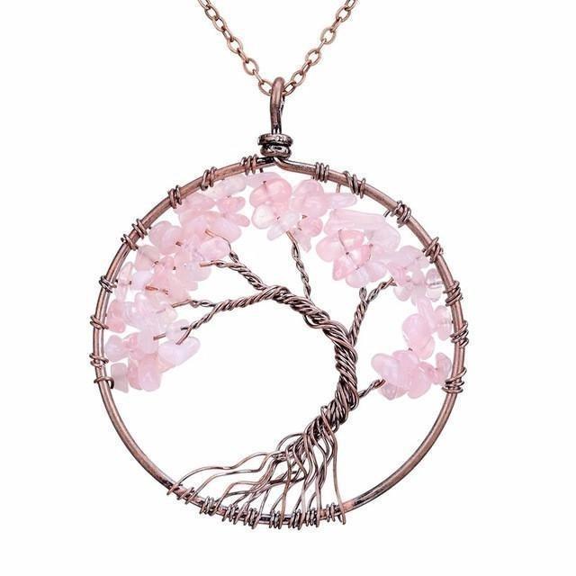 Handmade Genuine Gemstone Chakra Tree of Life Pendant Necklace - Color: Pink Jewelry - DailySale