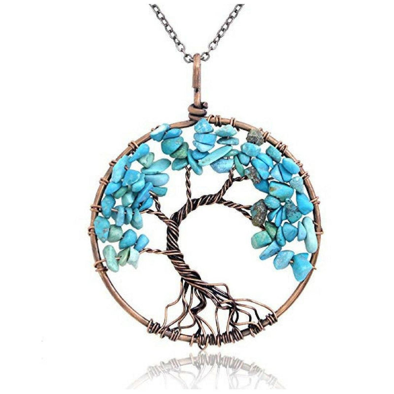 Handmade Genuine Gemstone Chakra Tree of Life Pendant Necklace Jewelry Green - DailySale