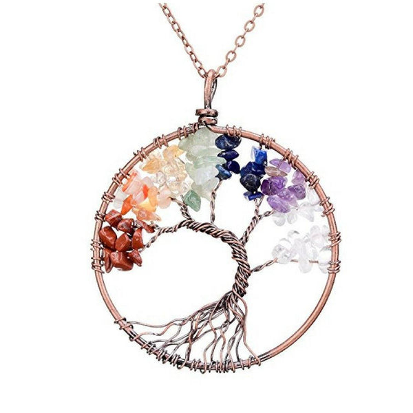Handmade Genuine Gemstone Chakra Tree of Life Pendant Necklace Jewelry Multi - DailySale