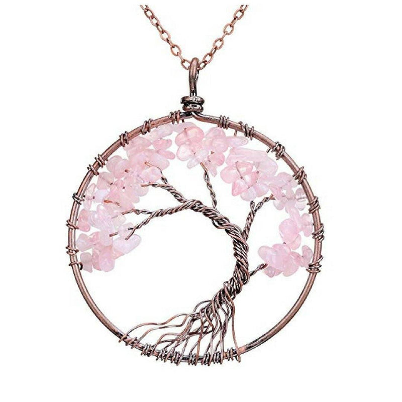 Handmade Genuine Gemstone Chakra Tree of Life Pendant Necklace Jewelry Pink - DailySale