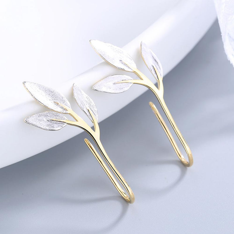 Handmade Sterling Silver and 14K Gold Pull-Through Leaf Earrings Earrings - DailySale