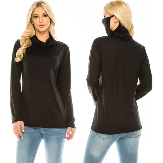 Haute Edition Cowl Neck Tee with Built-In Mask Women's Clothing Black S - DailySale
