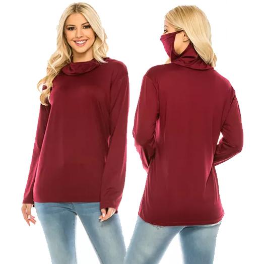 Haute Edition Cowl Neck Tee with Built-In Mask Women's Clothing Red S - DailySale