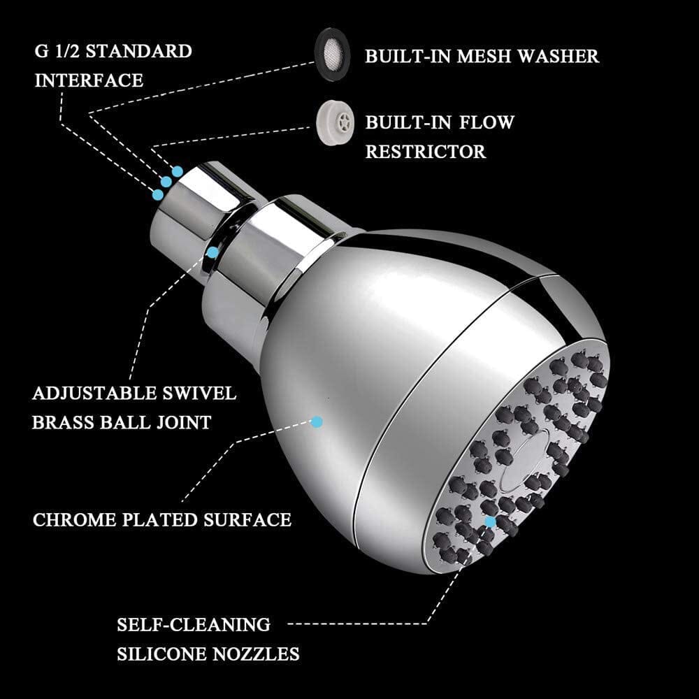 High Pressure Shower Head 3" Anti-clog Anti-leak Fixed with Adjustable Swivel Brass Ball Joint Bath - DailySale