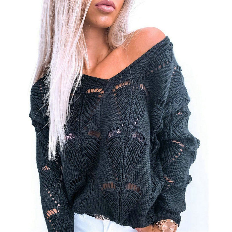 Hollow Out Design See Through V-Neck Long Sleeve Sweater Women's Clothing Black S - DailySale