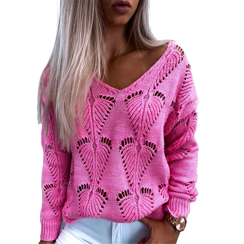 Hollow Out Design See Through V-Neck Long Sleeve Sweater Women's Clothing Pink S - DailySale