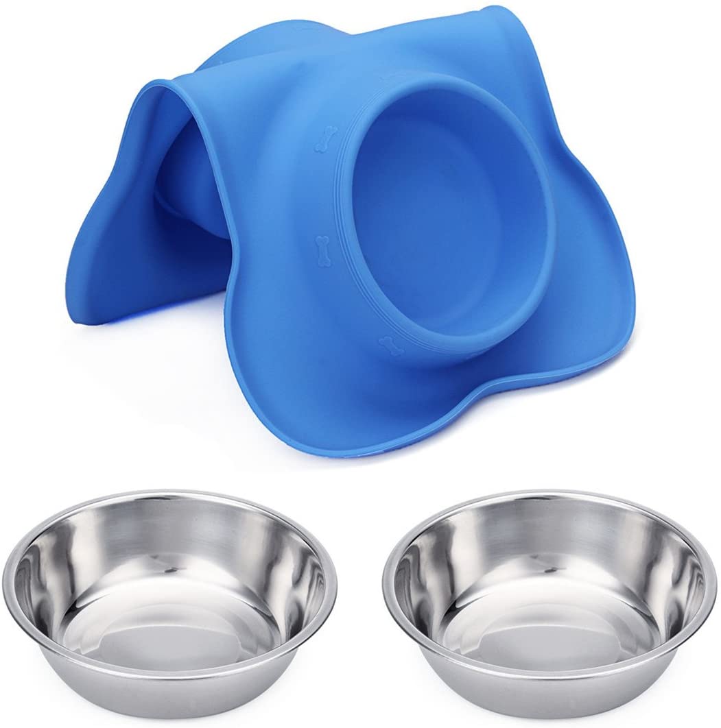 Hubulk 2 Stainless Steel Dog Bowl with No Spill Non-Skid Silicone Mat Pet Supplies Blue S - DailySale