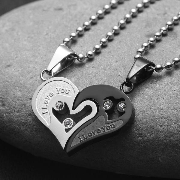 I Love You for Couple Iron Chain Black Heart Love Necklace Necklaces Silver/Black - DailySale