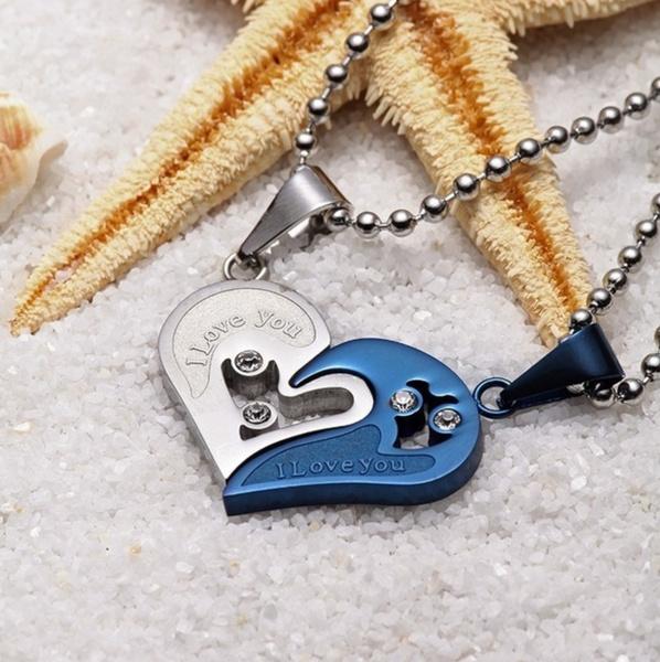 I Love You for Couple Iron Chain Black Heart Love Necklace Necklaces Silver/Blue - DailySale