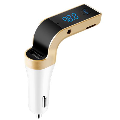 Top left angled view of iMounTEK Wireless Bluetooth FM Transmitter LCD Car Kit over a white background