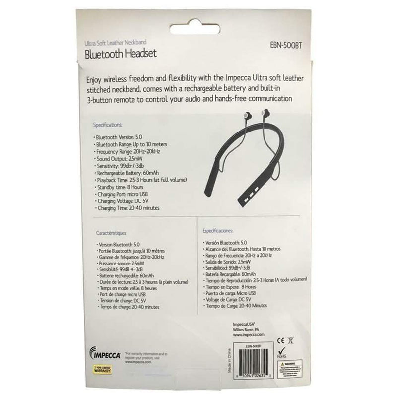 IMPECCA EBN-500BT Bluetooth Leather Neckband Stereo Earphone Headphones & Audio - DailySale