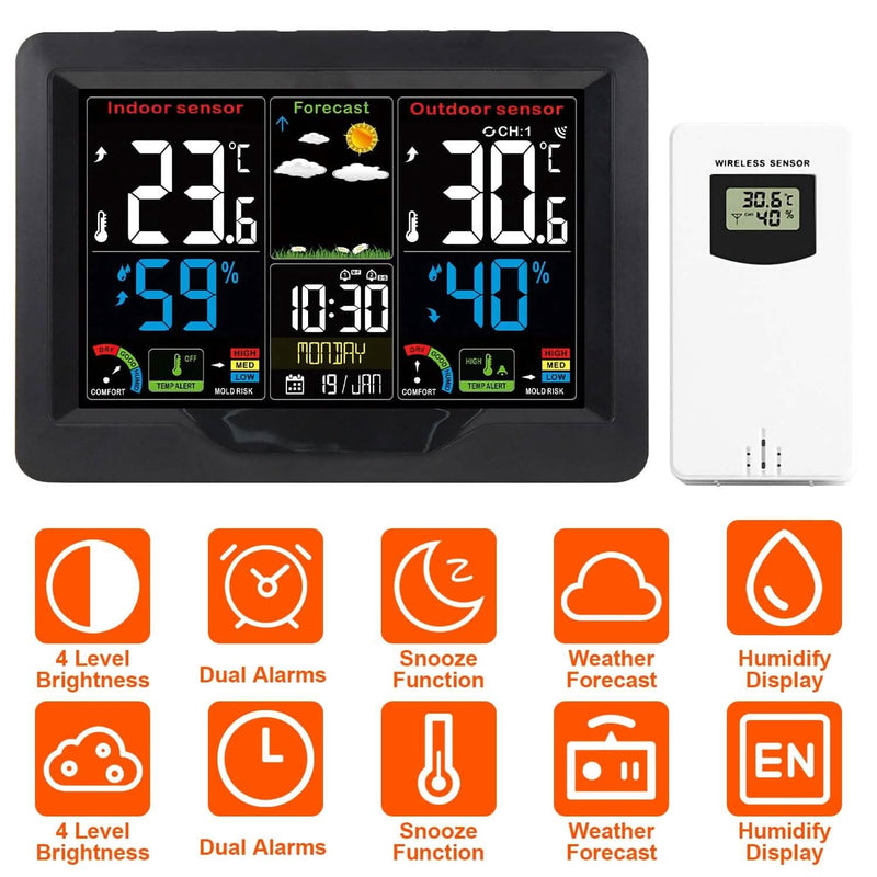 Indoor/Outdoor Thermometer Humidity Weather Forecast Temperature with Backlight Household Appliances - DailySale