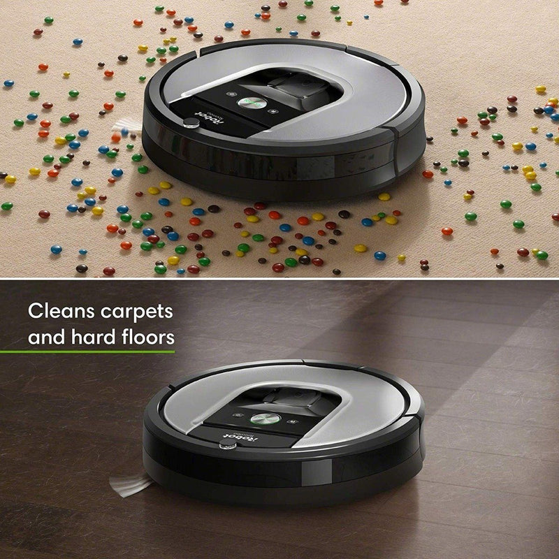iRobot Roomba 960 Robot Vacuum shown in action vacuuming colorful candy drops from a carpet flow, with a second image below showing the iRobot Roomba 960 Robot Vacuum cleaning a hardwood floor
