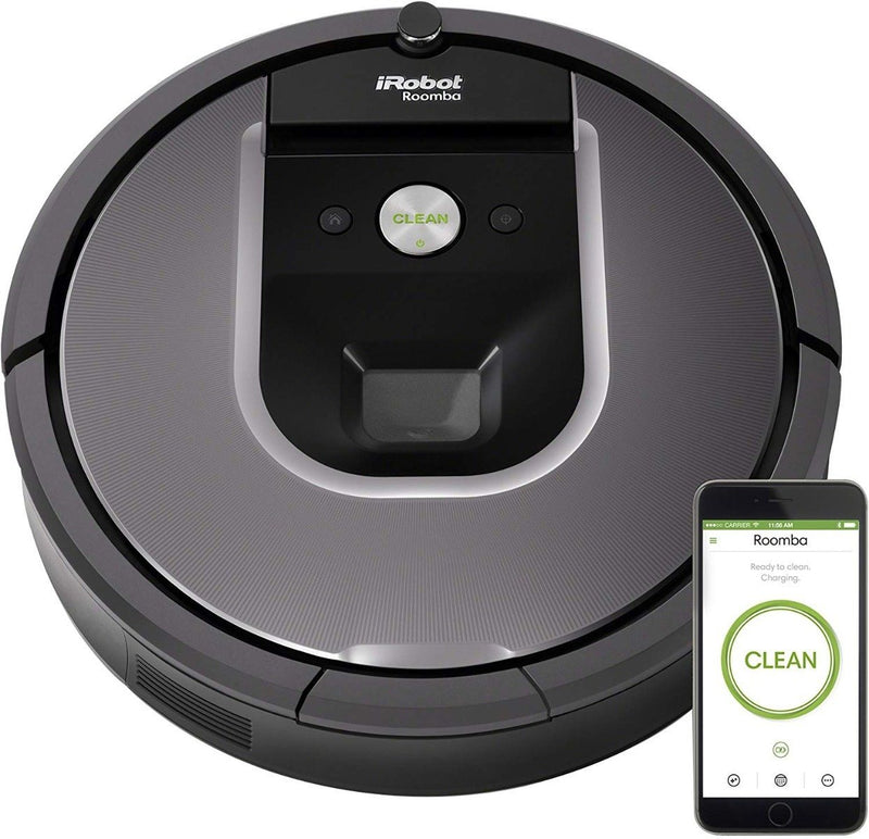 Top view of iRobot Roomba 960 Robot Vacuum - Wi-Fi Connected Mapping Works with Alexa (Refurbished) with an inset showing the iRobot Roomba 960 phone app