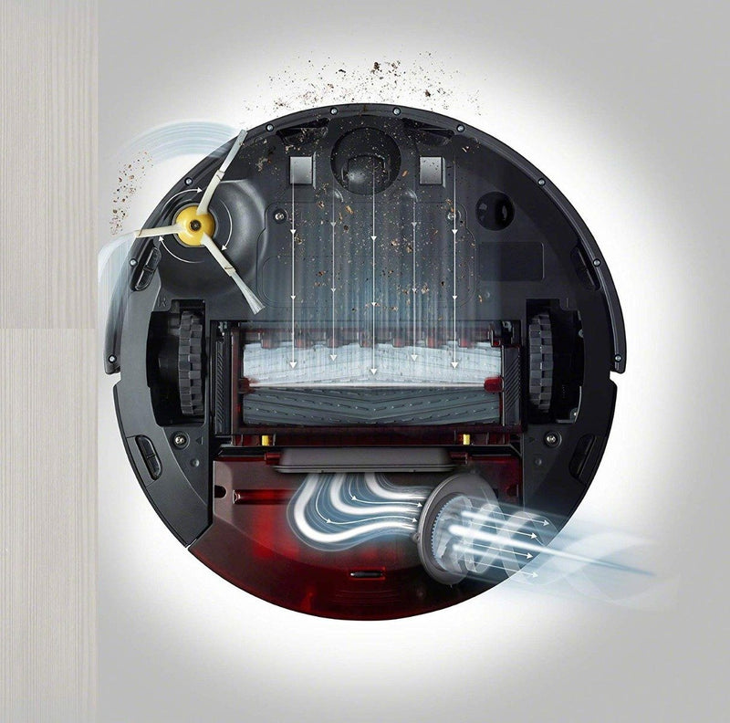 Bottom diagram of iRobot Roomba 960 Robot Vacuum - Wi-Fi Connected Mapping Works with Alexa (Refurbished) showing the cleaning brushes in action