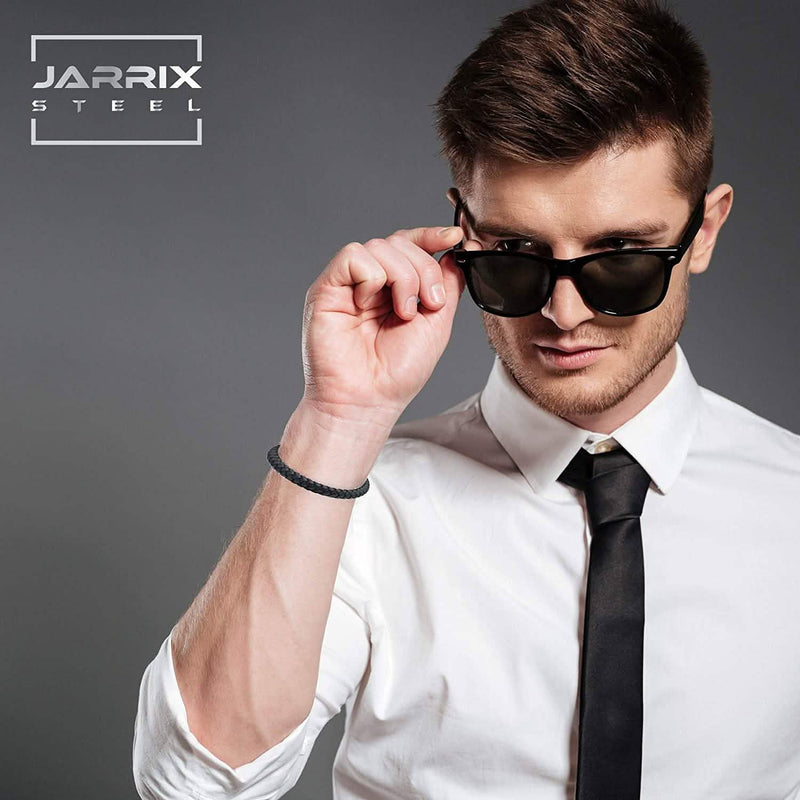 Man wearing sun glasses modelling a Jarrix Steel Men's Bracelet Leather Stainless Steel Magnetic Closure