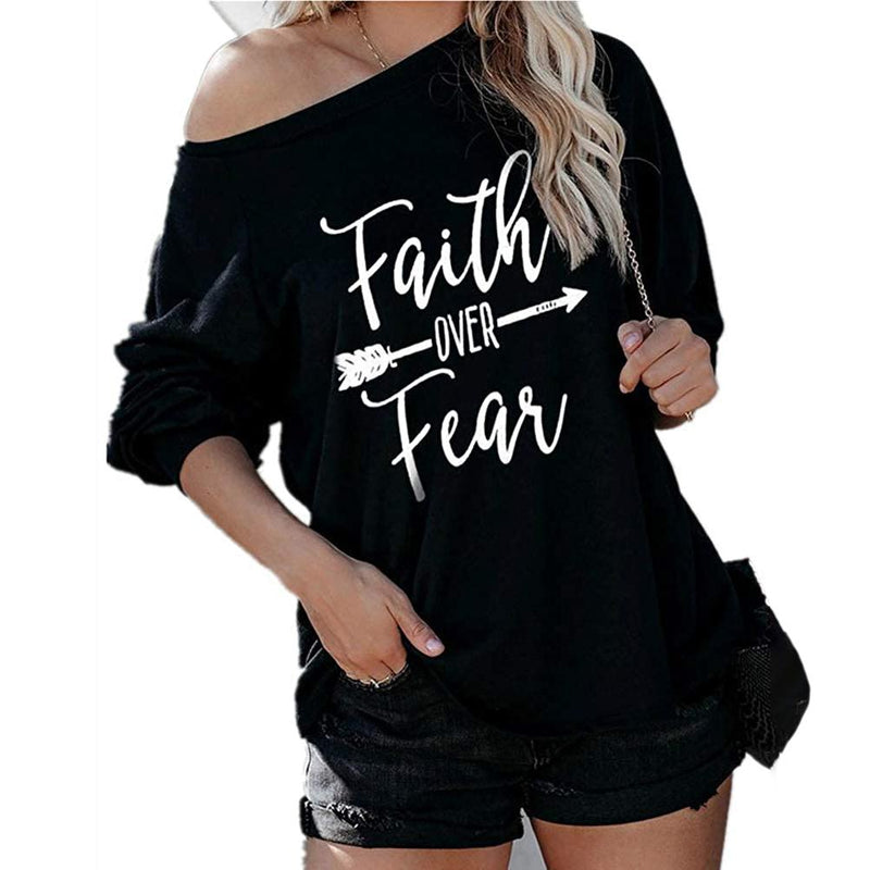 Jawint Womens Faith Over Fear Long Sleeve T-Shirt Women's Clothing Black S - DailySale