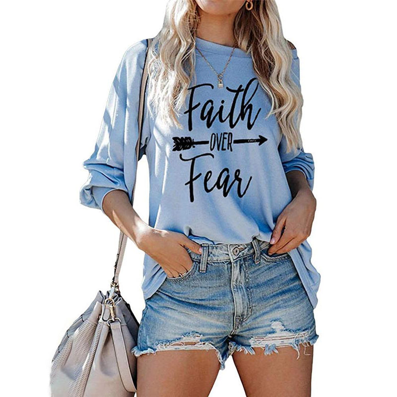 Jawint Womens Faith Over Fear Long Sleeve T-Shirt Women's Clothing Blue S - DailySale