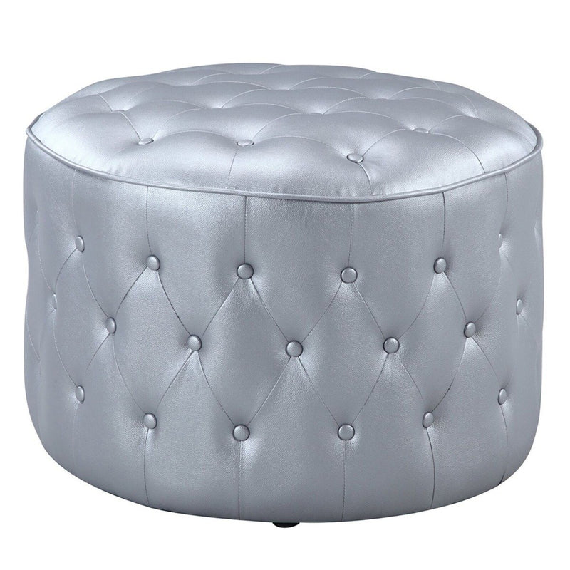 Jimmy Ottoman Button Tufted PU Leather Upholstered Round Pouf Furniture & Decor Silver - DailySale