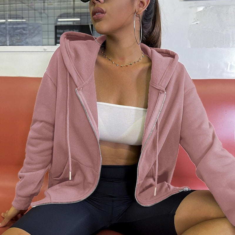 Kangaroo Pocket Drop Shoulder Zip-up Hooded Sweatshirt Women's Clothing Dusty Pink XS - DailySale