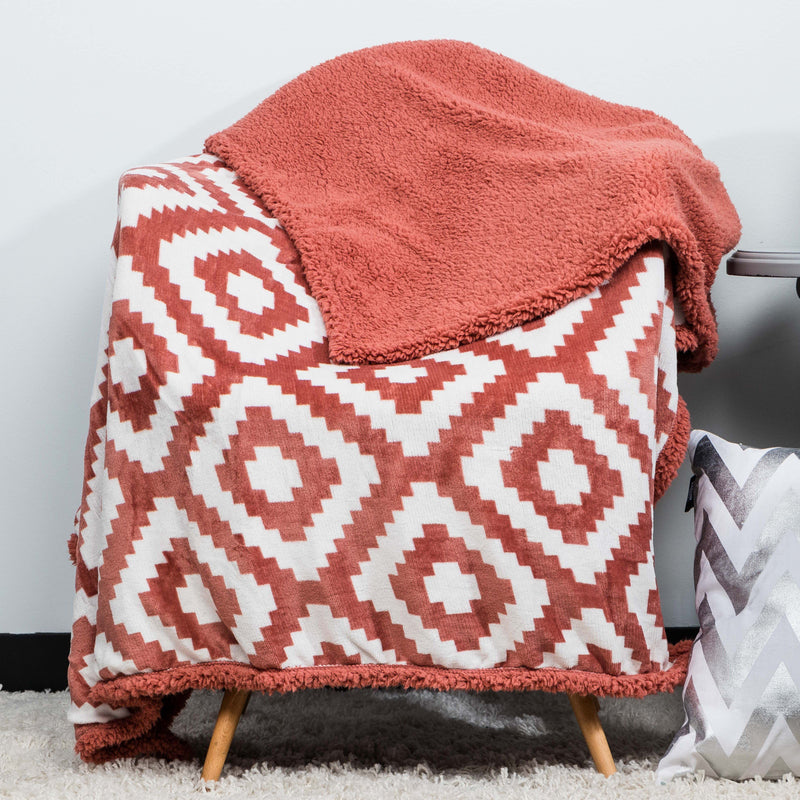 Kensie Super-Soft Reversible Sherpa Fleece Throw Blanket Bedding Brick - DailySale