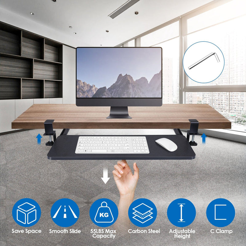 Keyboard Mouse Tray Under Desk Retractable Slide Out Drawer with C Clamp Computer Accessories - DailySale