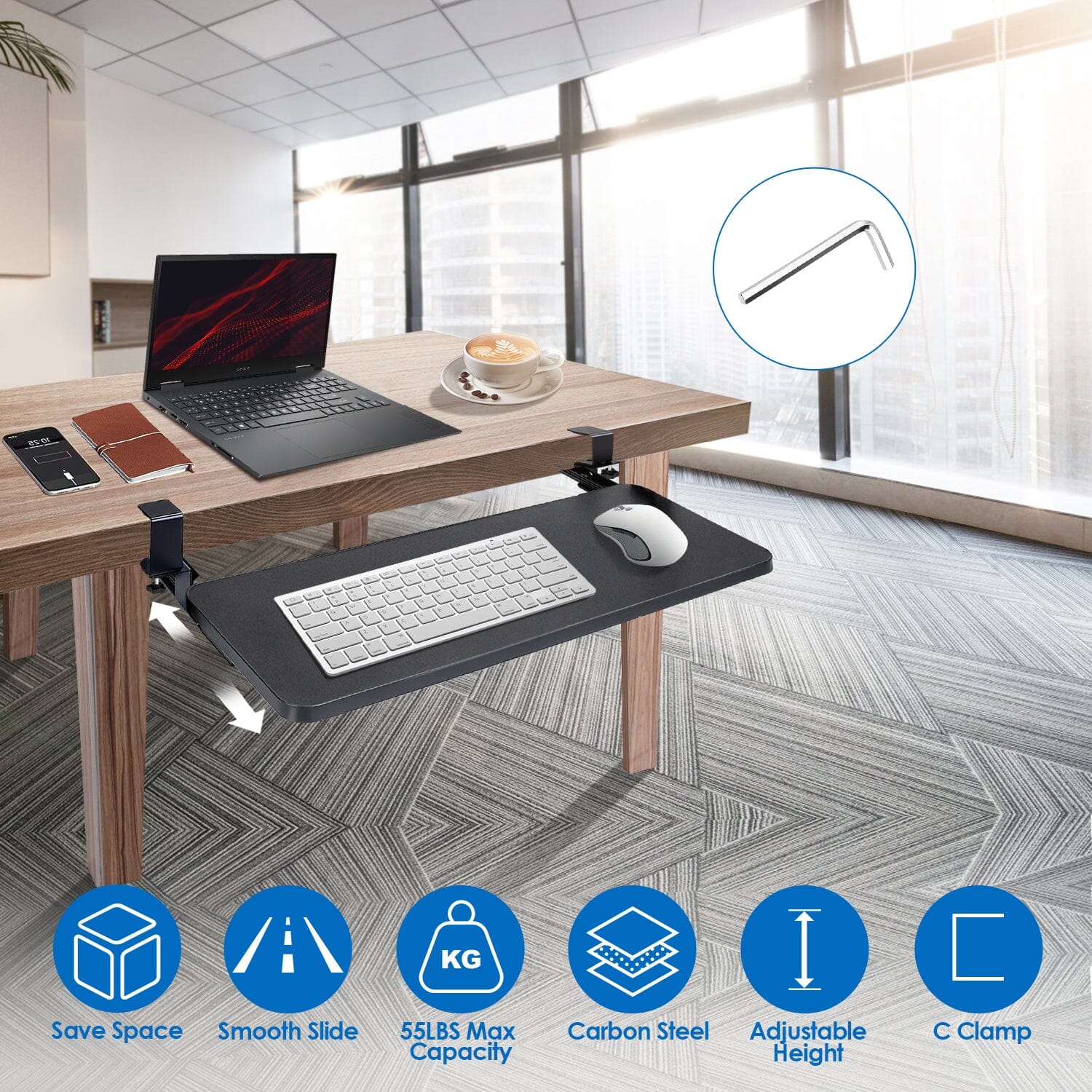 Keyboard Mouse Tray Under Desk Retractable Slide Out Drawer with C Clamp Computer Accessories - DailySale