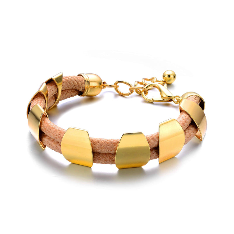 Khacki Leather Bracelet with Polished Metal Gold Plate Chain Bracelets - DailySale