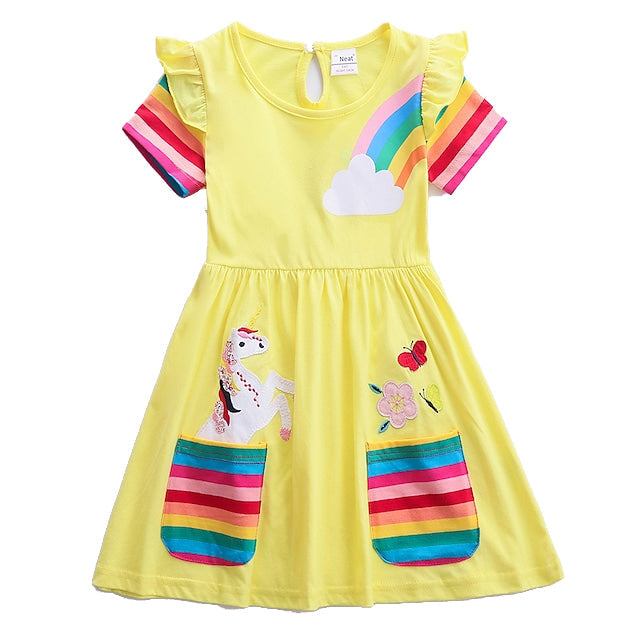 Kids Little Girls' Knee-length Short Sleeve Dress Kids' Clothing Yellow 3-4 Years - DailySale