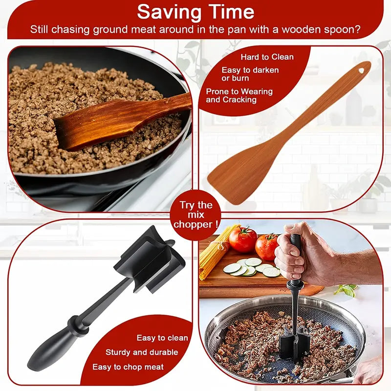 5 Blades Kitchen Ground Meat Chopper Spatula | Hamburger Ground Beef Mix N Chop Tools | for Non-Stick Cookware (Black)
