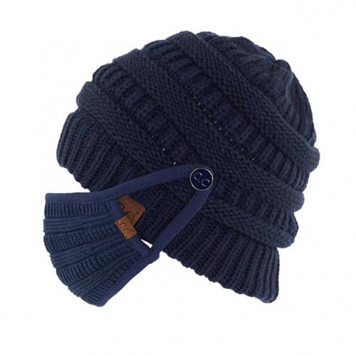 Knit Beanie with Matching Hook-On Mask Women's Accessories Navy - DailySale