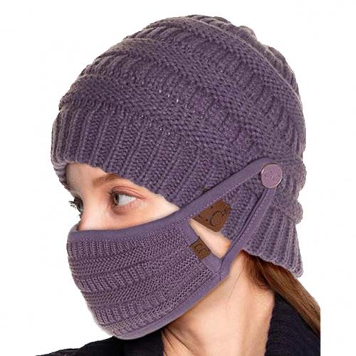 Knit Beanie with Matching Hook-On Mask Women's Accessories Purple - DailySale