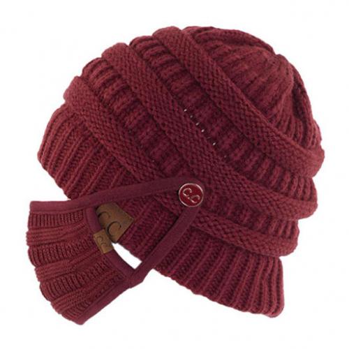 Knit Beanie with Matching Hook-On Mask Women's Accessories Red - DailySale