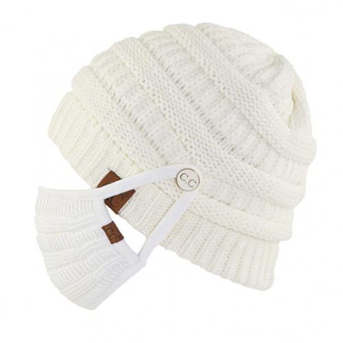 Knit Beanie with Matching Hook-On Mask Women's Accessories White - DailySale