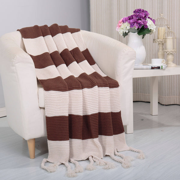 Knitted Throw Couch Cover Sofa Blanket - Assorted Styles Bed & Bath Striped Chocolate - DailySale
