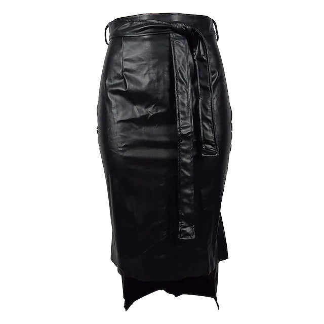 Knotted PU Leather Slit Skirt Women's Bottoms Black S - DailySale