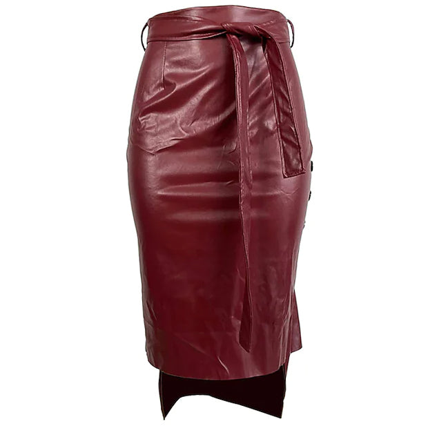 Knotted PU Leather Slit Skirt Women's Bottoms Wine Red S - DailySale