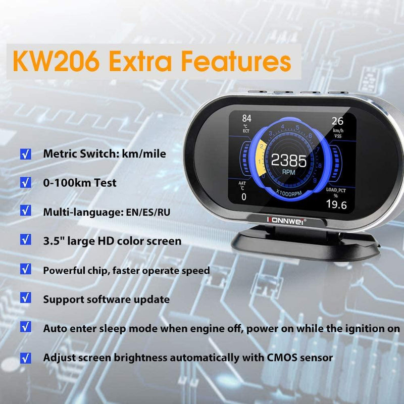 KONNWEI KW206 Car OBD2 HUD Digital Meter RPM Gauge Automotive - DailySale