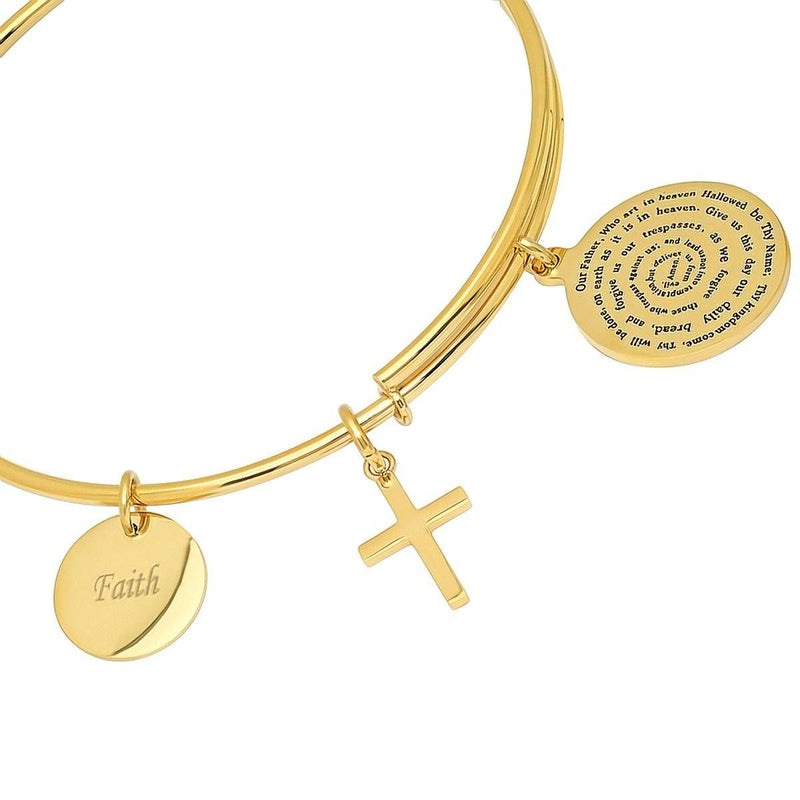 Ladies 18K Gold Plated Stainless Steel Bracelet with Our Father, Faith and Cross Charms