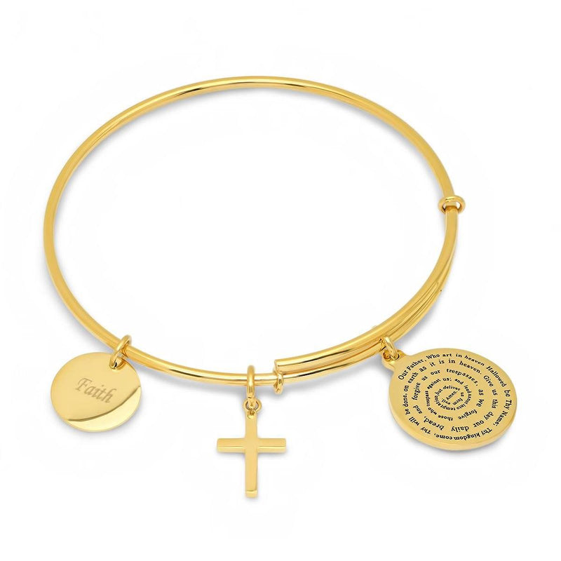 Ladies 18K Gold Plated Stainless Steel Bracelet with Our Father, Faith and Cross Charms
