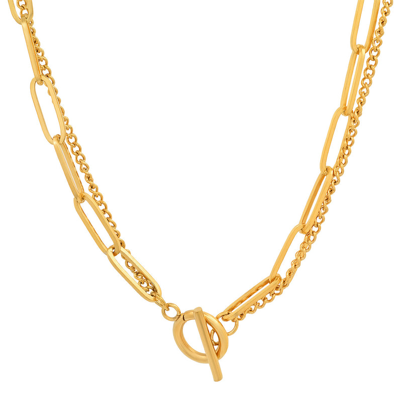 Ladies 18k Gold Plated Stainless Steel Double Row Paper Clip and Curb Chain Necklace Necklaces - DailySale