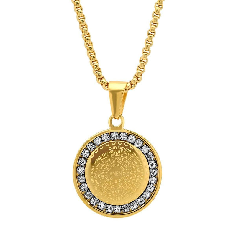 Ladies' 18K Gold Plated Stainless Steel Our Father Prayer Round Pendant with Simulated Diamonds