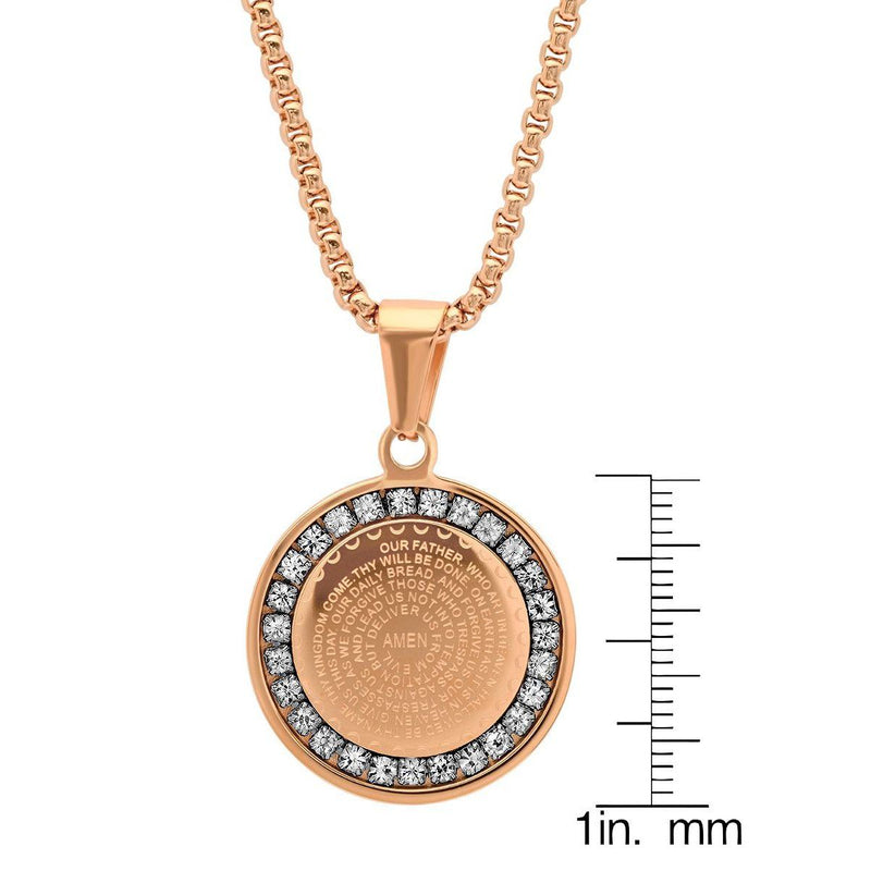 Ladies' 18K Gold Plated Stainless Steel Our Father Prayer Round Pendant with Simulated Diamonds