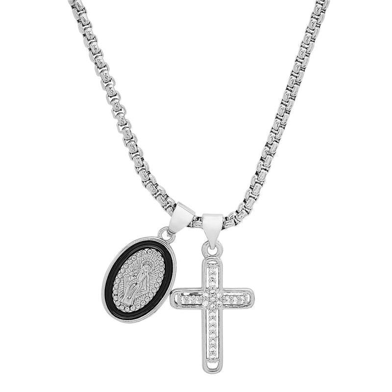 Ladies 18k White Gold/Gold Plated Brass & Black Enamel Our Lady of Guadalupe and Simulated Diamond Cross Pendant Charms