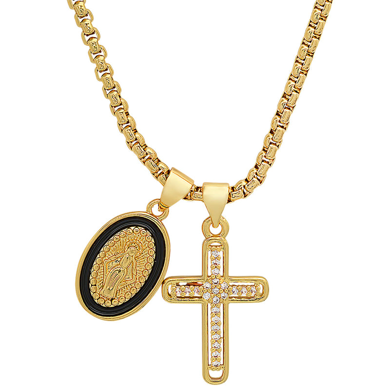 Ladies 18k White Gold/Gold Plated Brass & Black Enamel Our Lady of Guadalupe and Simulated Diamond Cross Pendant Charms