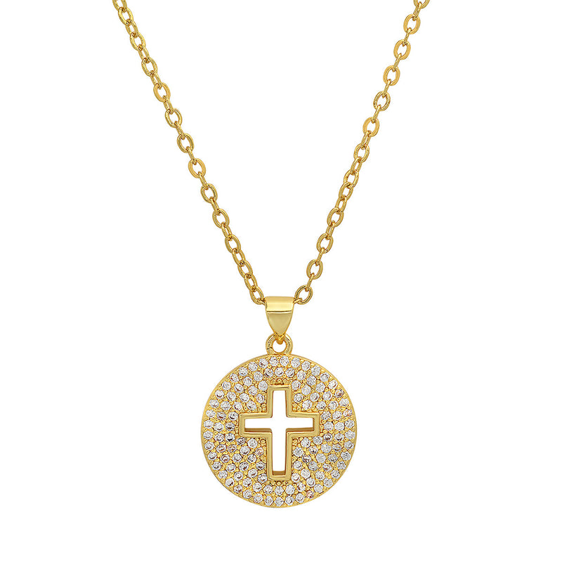 Ladies 18k White Gold/Gold Plated Brass Simulated Diamonds Round Cross Pendant