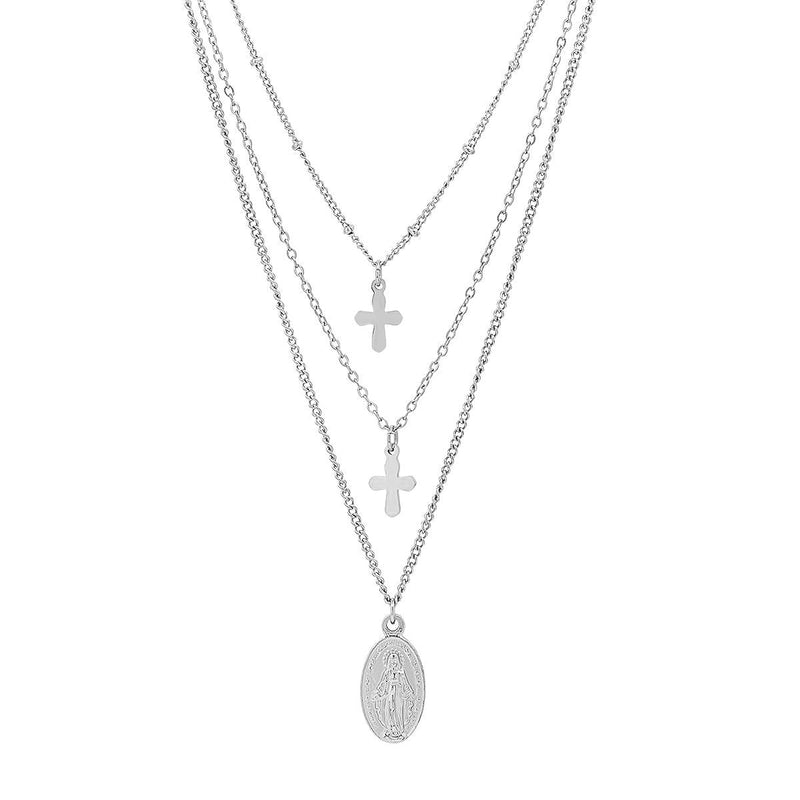 Ladies 3 Chain Necklace with Our Lady of Guadalupe and Cross Charms